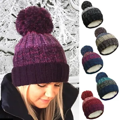 £7.85 • Buy Ladies Beanie Hat Mens Cable Knitted Stripe Sherpa Fleece Lined Large Pom Pom
