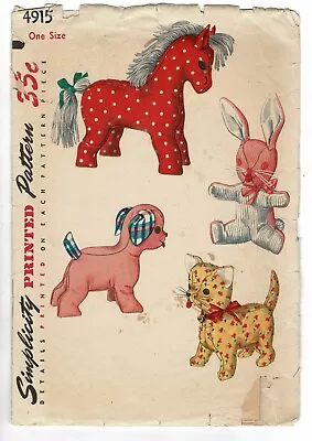 STUFFED Animals DOG CAT RABBIT HORSE Toy Simplicity 4915 VTG Craft Sew Pattern • $6.50