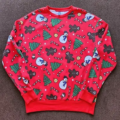 H & M Divided Mens Christmas Sweater Medium Snowman Gingerbread All Over Print  • $21.95