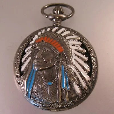 Native American Indian Chief Pocket Watch Enamel Gun Metal Finish Choice Chain  • £37.46