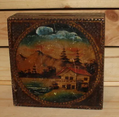 Antique Hand Painted Pyrography Wood Box Landscape • $78.40