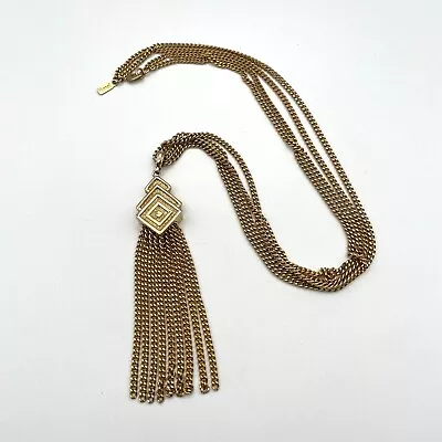 Vintage 80s 90s Monet Gold Tone Square Diamond Tassel Fringe Long Necklace • $18