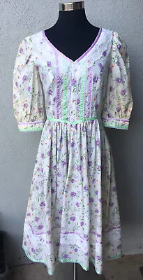 Vintage Cottagecore Handmade Floral Lace W/Lavender Green Ribbon Prairie Dress S • $50