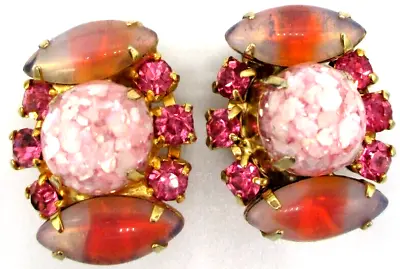 Vintage Art  Glass Pink Speckled Plastic Stone Clip On Earrings • $8.56