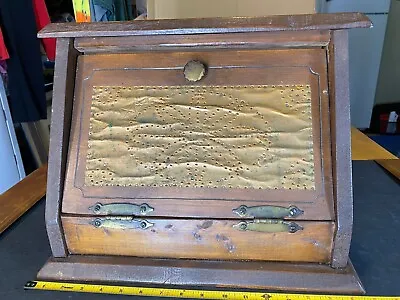 Handcrafted Vintage Wooden Bread Box Brass / Tin On Lid Beautiful • $45