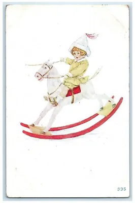 1917 Little Boy Playing Rocking Horse Birthday Invitation Antique Postcard • £9.38