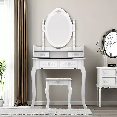 White Modern 4-Drawers Vanity Table Set With Rotating Mirror Makeup Vanity Set • $145.99