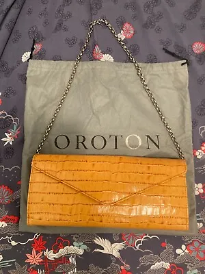$35 • Buy Oroton Retro Vintage Clutch Purse Croc Leather Mustard Yellow Silver Chain Used