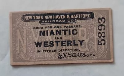 Vtg New York New Haven & Hartford Railroad Ticket TRAIN  Niantic Dated 1893 • $39.99