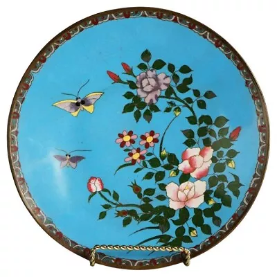 Antique Japanese Meiji Cloisonné Enameled Charger With Butterfly & Flowers C1920 • $280