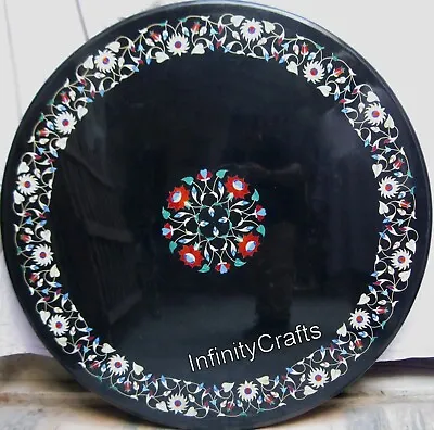 48 X 48 Inches Marquetry Art Dining Table Top Round Black Marble Entry Way Table • $2589.10