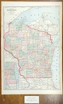 Vintage 1902 WISCONSIN Map 14 X22  ~ Old Antique Original GREEN BAY MADISON WI • $25.16