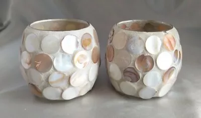 $11.90 • Buy Set (2) Sand & Shell Covered Round Tea Light/Votive Candle Holders