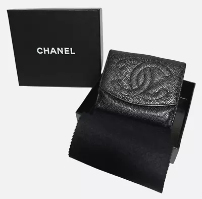 Chanel Black Caviar Skin Leather Bifold Wallet With Box And Accessories • $139.80