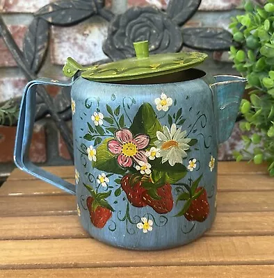 Vintage Hand Painted Metal Teapot; Dark Dusty Blue W/Floral & Strawberry Designs • $36.50