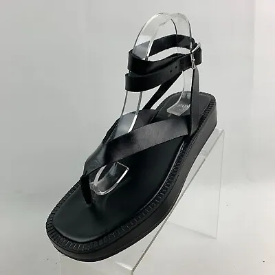 Zara Sandals Black Leather Flatform Thong Ankle Buckle Strap Round Toe EU39/US8 • $59.95