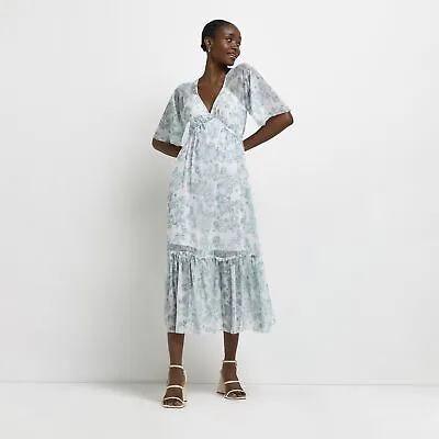 £8.40 • Buy River Island Womens Midi Dress Blue Floral Smock Stylish Short Sleeves