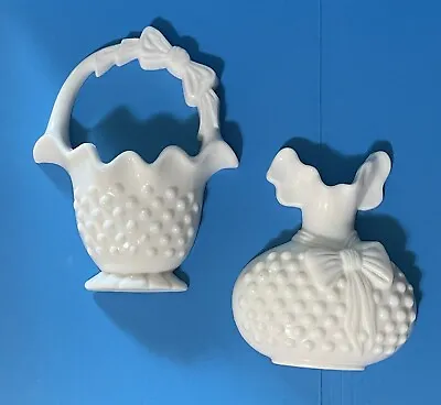 Vintage White Wall Pocket Plastic Decor Set Faux Milk Glass Hobnail Basket Vase • $8