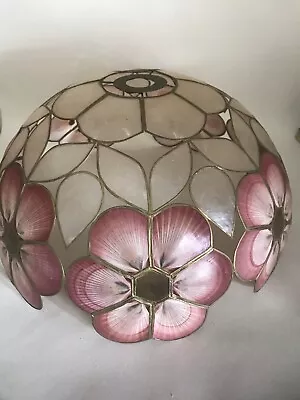 Vintage Capiz Shell Pendant Lamp Shade Pink Flower Pattern Metal & Shell Retro • £24