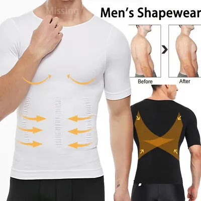 Mens Slimming Body Compression Vest T-Shirt Tummy Control Firm Body Shaper Top • £14.79