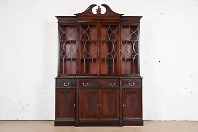 Georgian Carved Flame Mahogany Breakfront Bookcase Cabinet With Secretary Desk • $3595