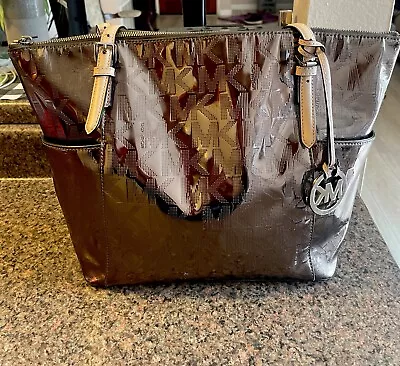 Michael Kors Jet Set MK Logo Rose Gold Patent Leather Shiny Tote Bag Purse Large • $55