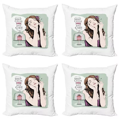 Keep Calm Pillow Cushion Set Of 4 Eat Cake Text And Woman • £21.99