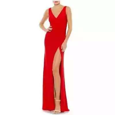 NEW Ieena For Mac Duggal Red Faux Wrap Thigh High Slit Ruched V-Neck Gown Size 4 • $169.99