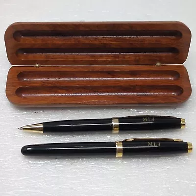 Vintage Montefiore 2 Pens Set In Wood Box - Monogramed  MLJ  - Needs Ink Refills • $14.99