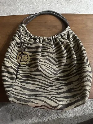Michael Kors Zebra Print Canvas And Leather Cream Brown Gold Tote Bag Purse • $30