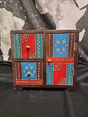 Hand-painted Colorful Wooden 2 Drawer 1 Door Mini Chest Jewelry Box From India • $42.23