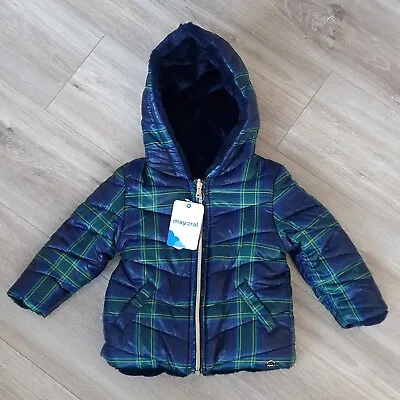 Mayoral Kids Reversible Jacket Coat 2 / 92 Cm Faux Fur Hood Tartan Check Pockets • $19.99