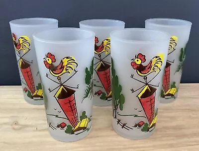 VTG Set 5 Retro 50's Farm Rooster Highball/Water Glasses Kitschy Barware • $44