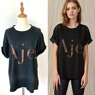 Aje Women’s Distressed Tee - Size S - Charcoal Black Bronze Sequins T-shirt Top • $110