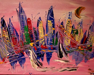 PINK CITYSCAPE   Mark Kazav  Abstract Modern CANVAS Original Oil Painting WEEFC5 • $99