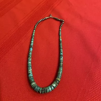 Vintage Native American Santa Domingo Turquoise Heishi Bead Necklace Sterling • $65