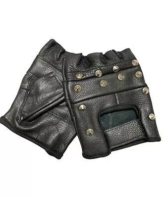 Genuine-Leather-Black-Leather-Fingerless-Mens-Studded-Gloves New • $15.99