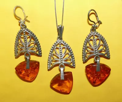 ~vintage~art~deco~ 925 ~sterling Silver~baltic~amber~earrings~&~necklace~signed~ • $19.99