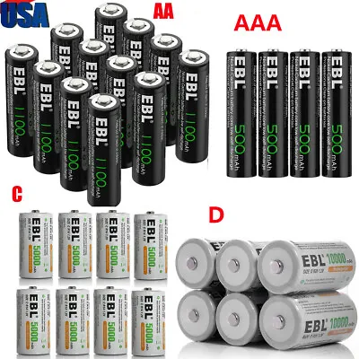 EBL C D Cell Size AAA AA Rechargeable Batteries For Garden Solar Light LED Lot • $10.99