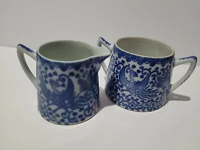 Vintage Nippon Phoenix Bird Flying Turke Blue & White Sugar Bowl & Creamer Dish  • $29.95