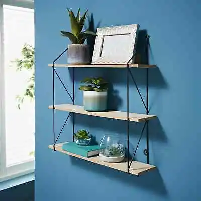 £13.99 • Buy 3 Tier Shelf Wall Hanging Shelves Black Metal Frame Wooden Shelves Storage Decor