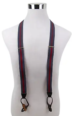 VTG GRAY RED ELASTIC BLACK LEATHER BUTTON Y-BACK 1 1/8 Wd MEN'S SUSPENDERS (F37 • $14.99