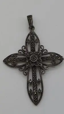 Antique Art Deco Sterling Silver Marcasite Gemstone Cross Pendant Large Necklace • $39