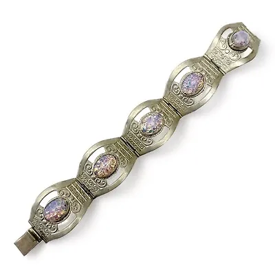 Vintage Alpaca Silver Fire Glass Faux Opal Cabochons Link Bracelet 7” Mexico • $35.99