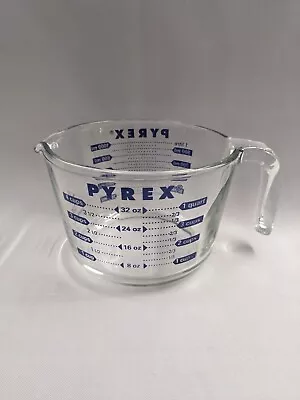 PYREX Glass 4 Cup 32oz 1 Quart Measuring Cup Blue Letters 6  Wide Vintage • $20