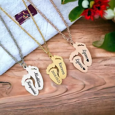 Personalised Necklace Baby Feet Engraved Mother's Day Heart Name Gift Family • £10.49