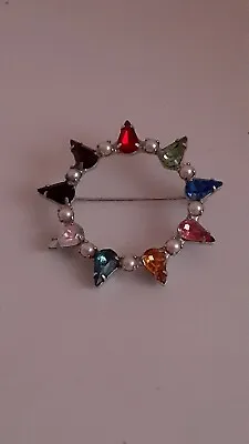 B David Prong Set Multi Color Stone & Faux Pearl Open Work Circle Brooch/pin • $17.99