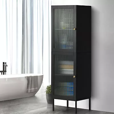 Oikiture Bathroom Cabinet Storage Tall Slim Cupboard Tempered Glass Door Black • $143.90