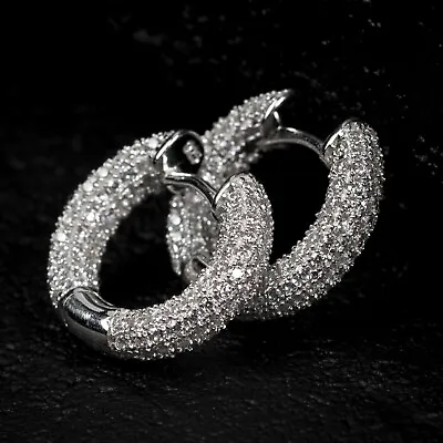 Mens Fully Iced Zig Zag Set 925 Sterling Silver Cz Round Huggie Hoop Earrings • $25.99