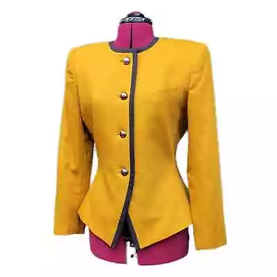 Kasper Vintage 80s Mustard Yellow 100% Wool Collarless Blazer Suit Jacket Sz 6 • $45